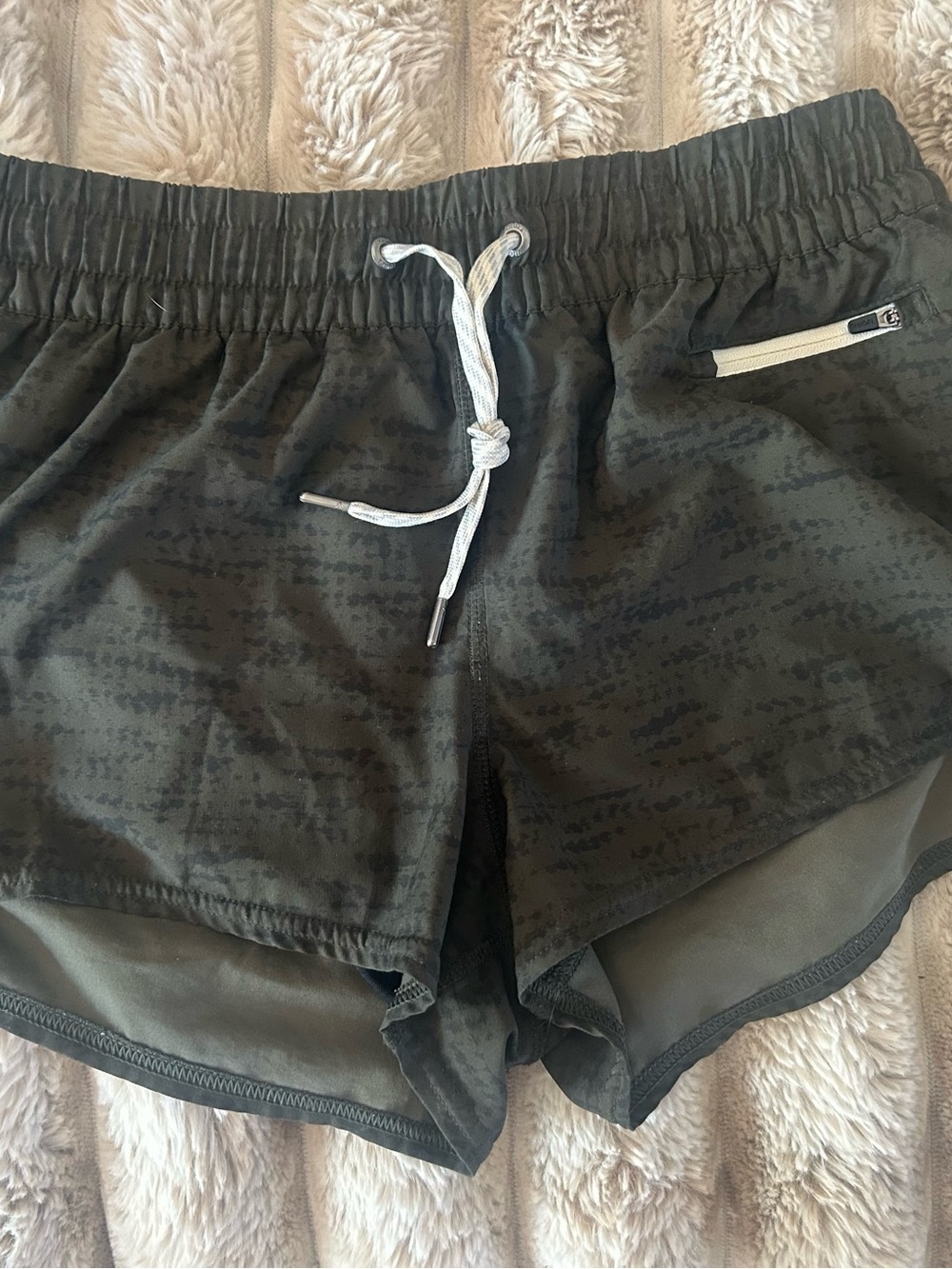 Vuori Olive Camo Athletic Shorts with White Drawstring